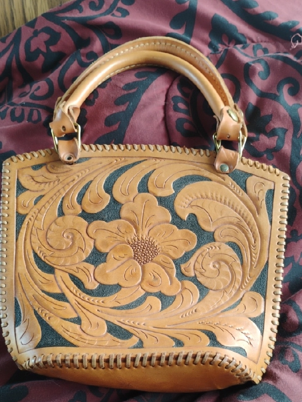 Hand-Tooled Floral Leather Tote Bag in Tan and Black